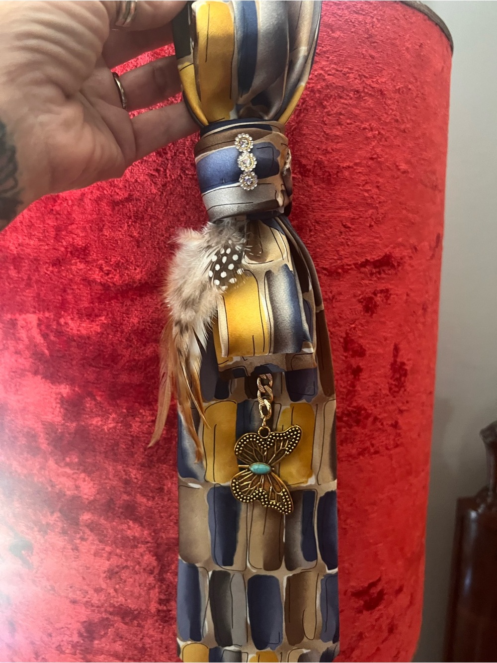 Blue and Gold Feather Pendant Necklace Scarf - Unbranded